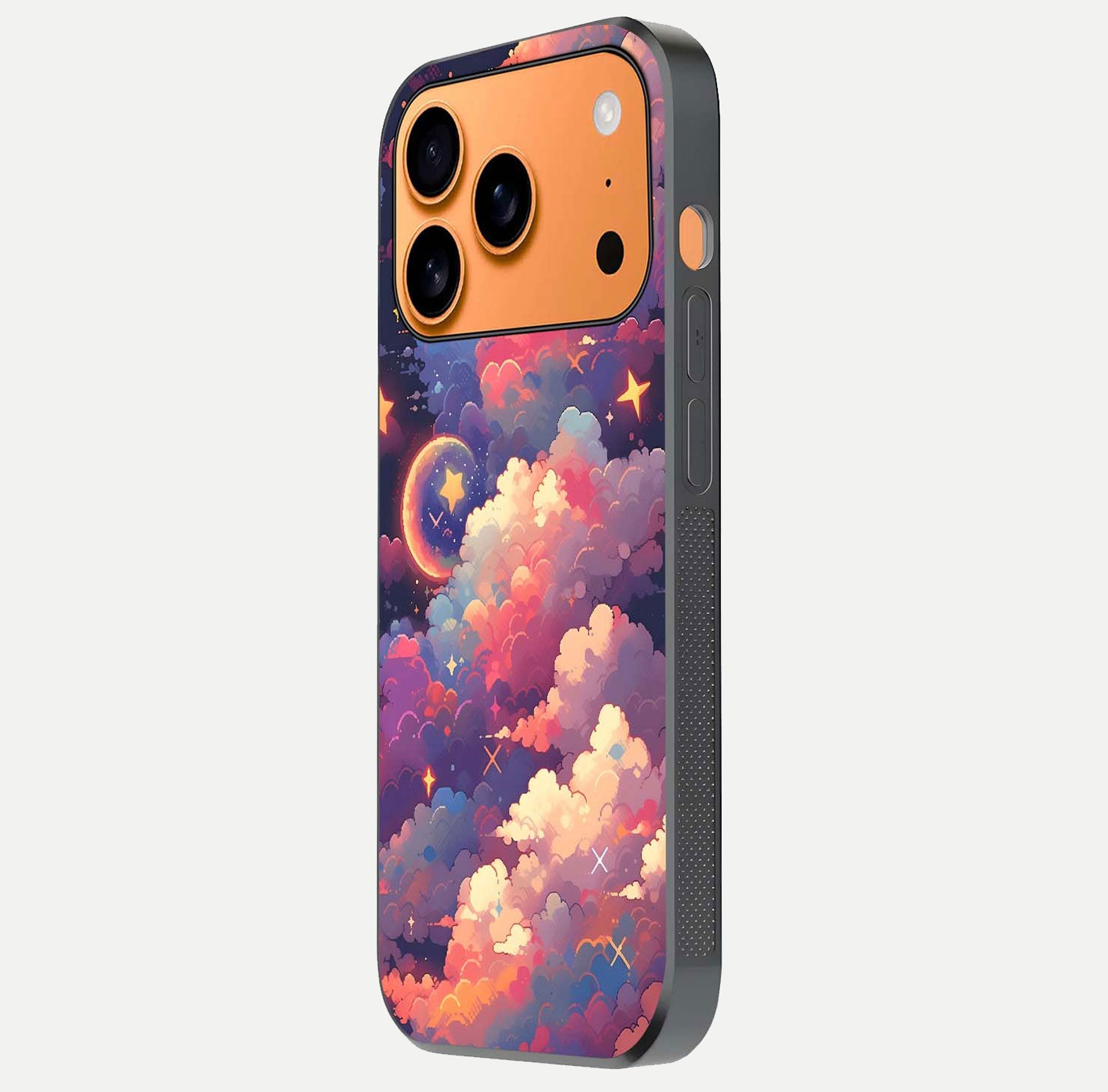 Starlit Dream Clouds Glass Case for iPhone 17 Pro Max side-angle image showing shine, reflection, and dreamy tones