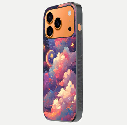 Starlit Dream Clouds Glass Case for iPhone 17 Pro Max side-angle image showing shine, reflection, and dreamy tones