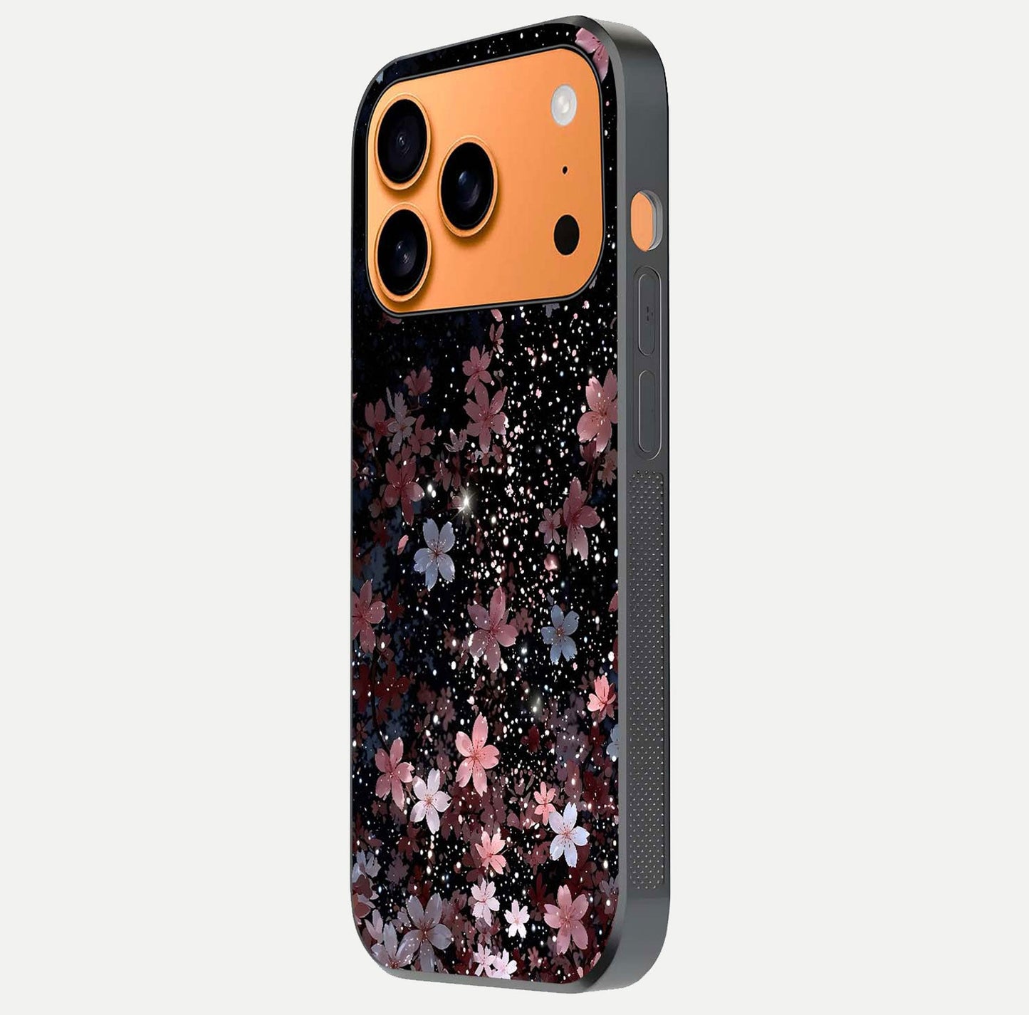 Starlit Flower Dreams Glass Case for iPhone 17 Pro Max side-angle image showing shine, edge detail, and floral contrast