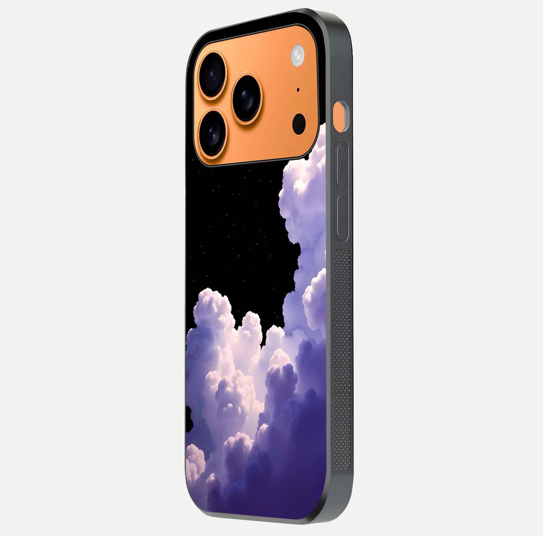 Starlit Night Whispers Glass Case for iPhone 17 Pro Max side-angle image showing reflection and night pattern shine