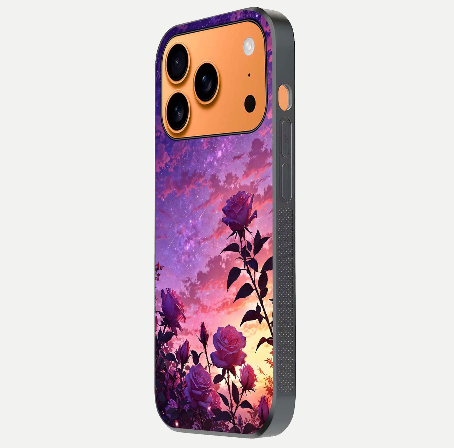 Starlit Rose Twilight Glass Case for iPhone 17 Pro Max side-angle image showing reflection and petal contrast