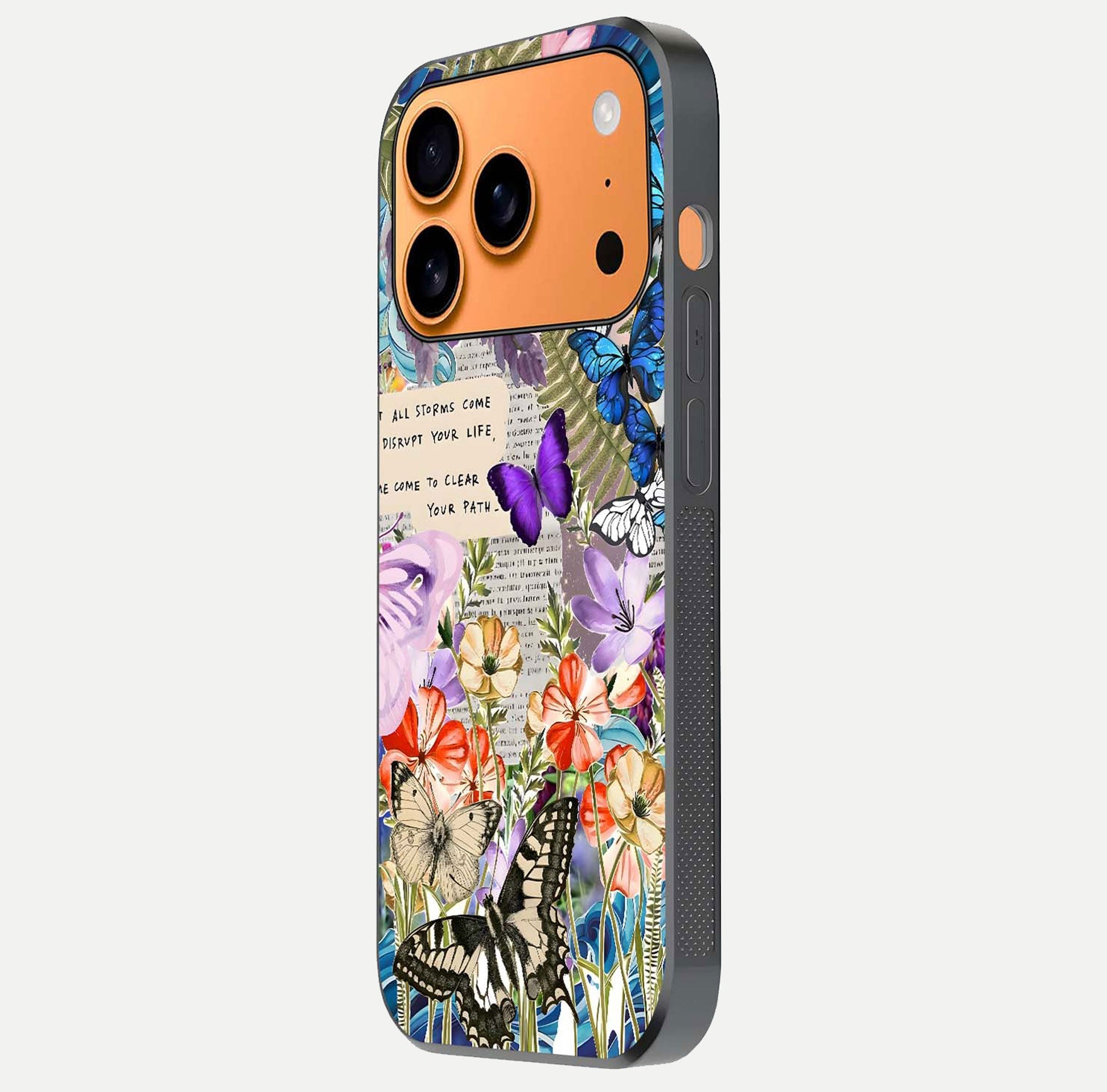 Storm Path Bloom Glass Case for iPhone 17 Pro Max side-angle image showing reflection, color contrast, and shine