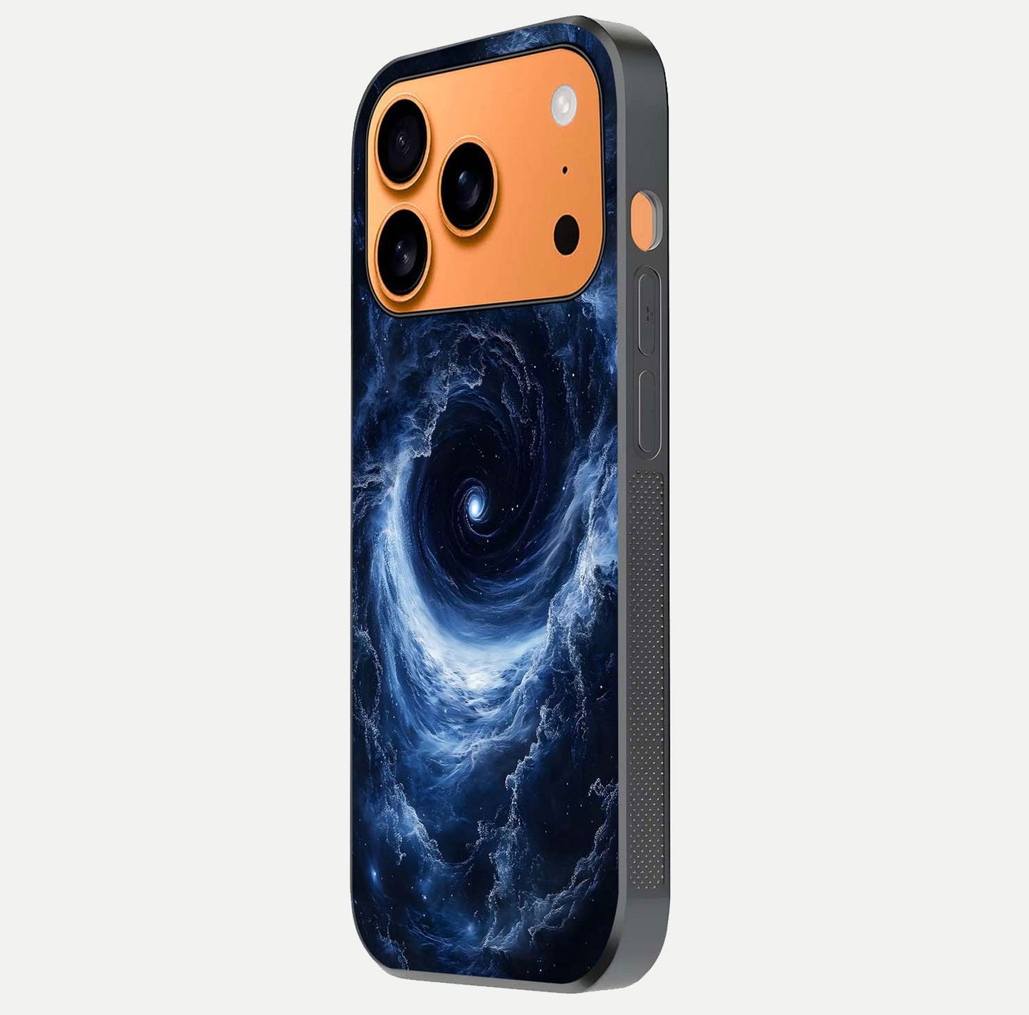 Stunning Galaxy Glass Case for iPhone 17 Pro Max side-angle image showing glossy reflection and space detailing