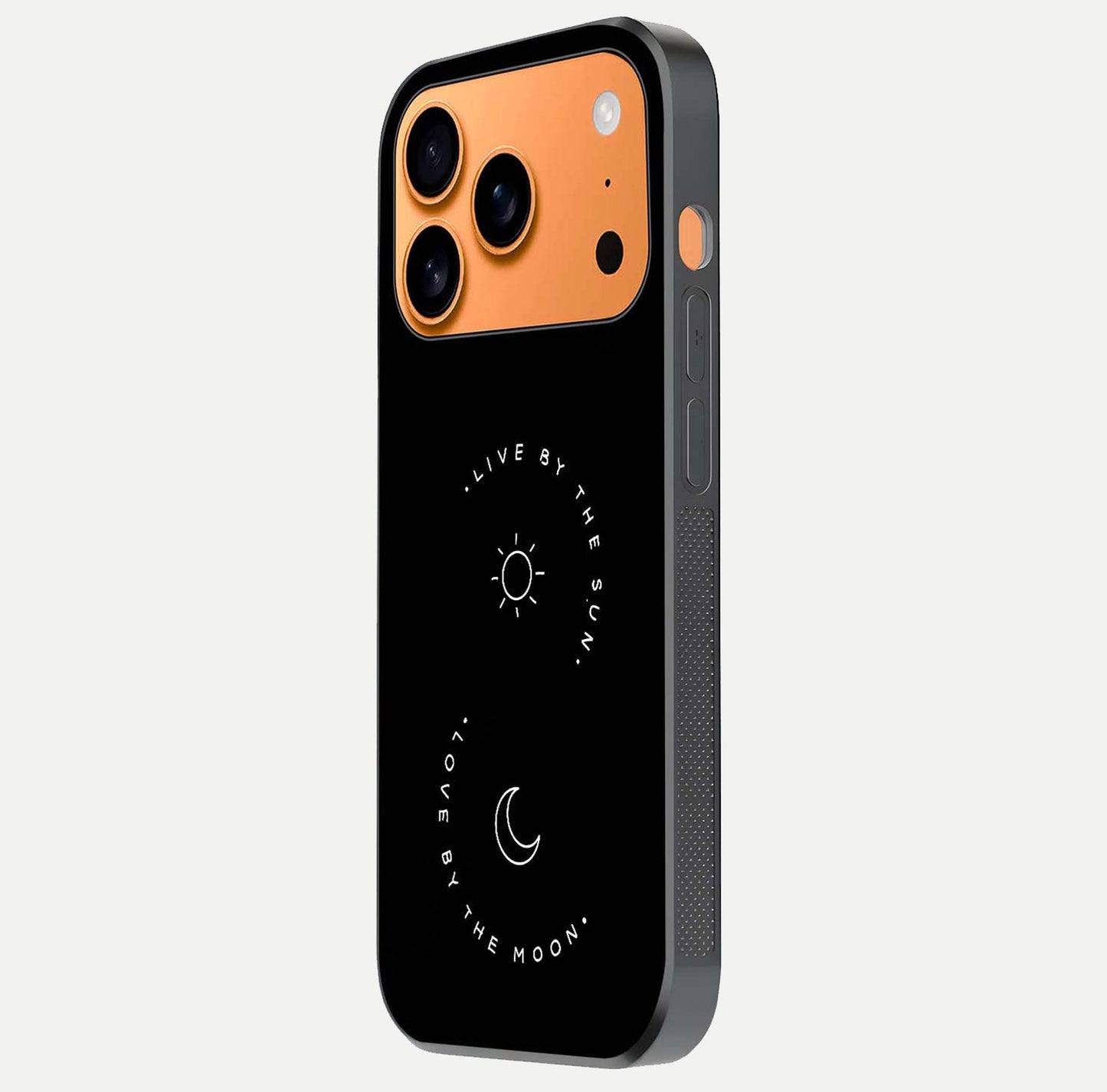 Sun Moon Balance Glass Case for iPhone 17 Pro Max side-angle image showing reflection and celestial detailing