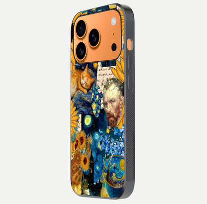 Sunflower Cat Art Glass Case for iPhone 17 Pro Max side-angle image showing shine, edges, and sunflower texture