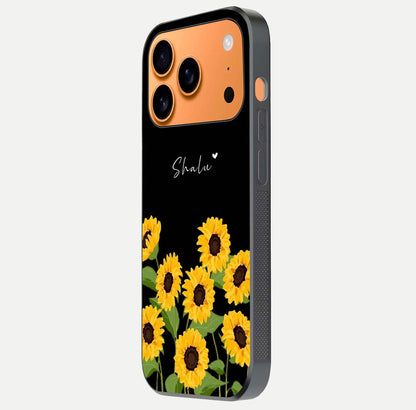 Sunflower Chic Mood Custom Name Glass Case for iPhone 17 Pro Max side-angle image showing reflection and yellow floral tone
