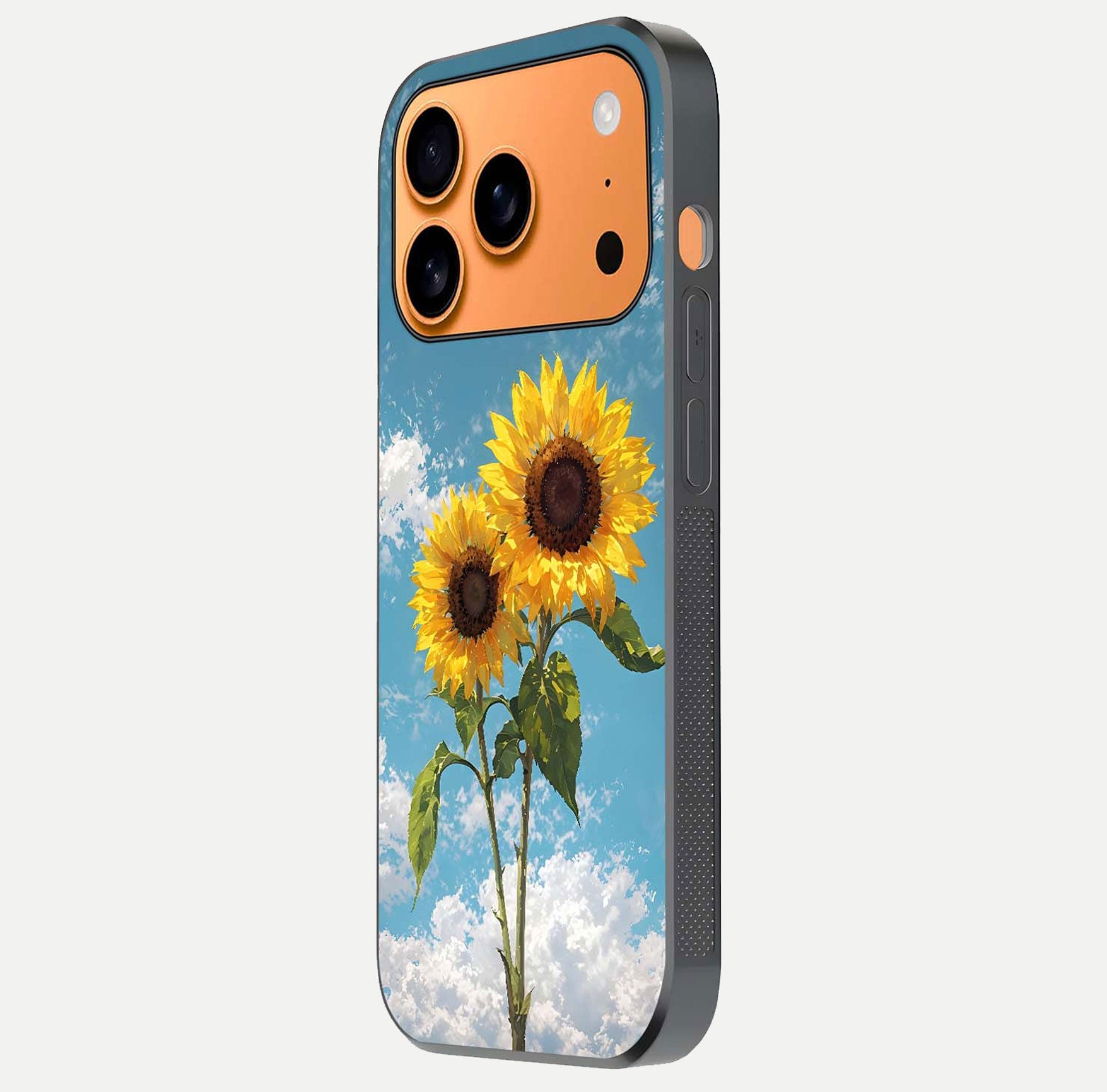 Sunflower Sky Bloom Glass Case for iPhone 17 Pro Max side-angle image showing reflection, edges, and sunflower color