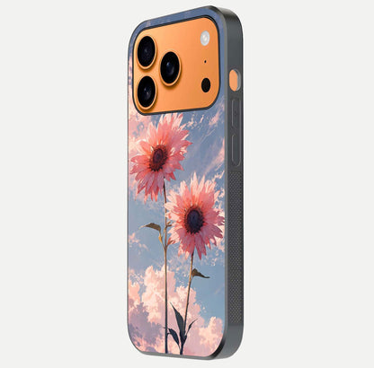Sunlit Daisy Glow Glass Case for iPhone 17 Pro Max side-angle image showing shine, gloss, and floral highlight