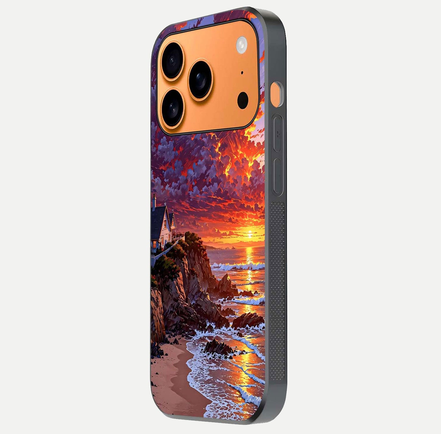 Sunset House by Sea Glass Case for iPhone 17 Pro Max side-angle image showing reflection and seaside color tone