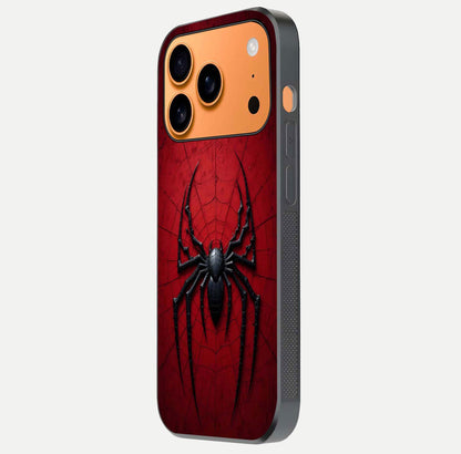 Venom Web Emblem Glass Case for iPhone 17 Pro Max side-angle image showing reflection and dark color tones