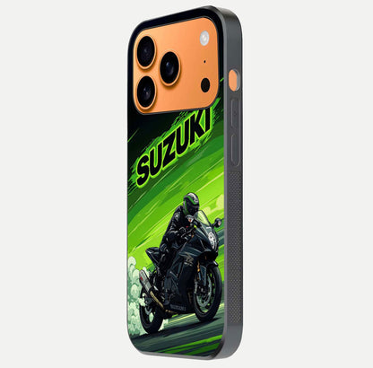 Suzuki Speed Beast Glass Case for iPhone 17 Pro Max side-angle image showing reflection, gloss, and car detailing