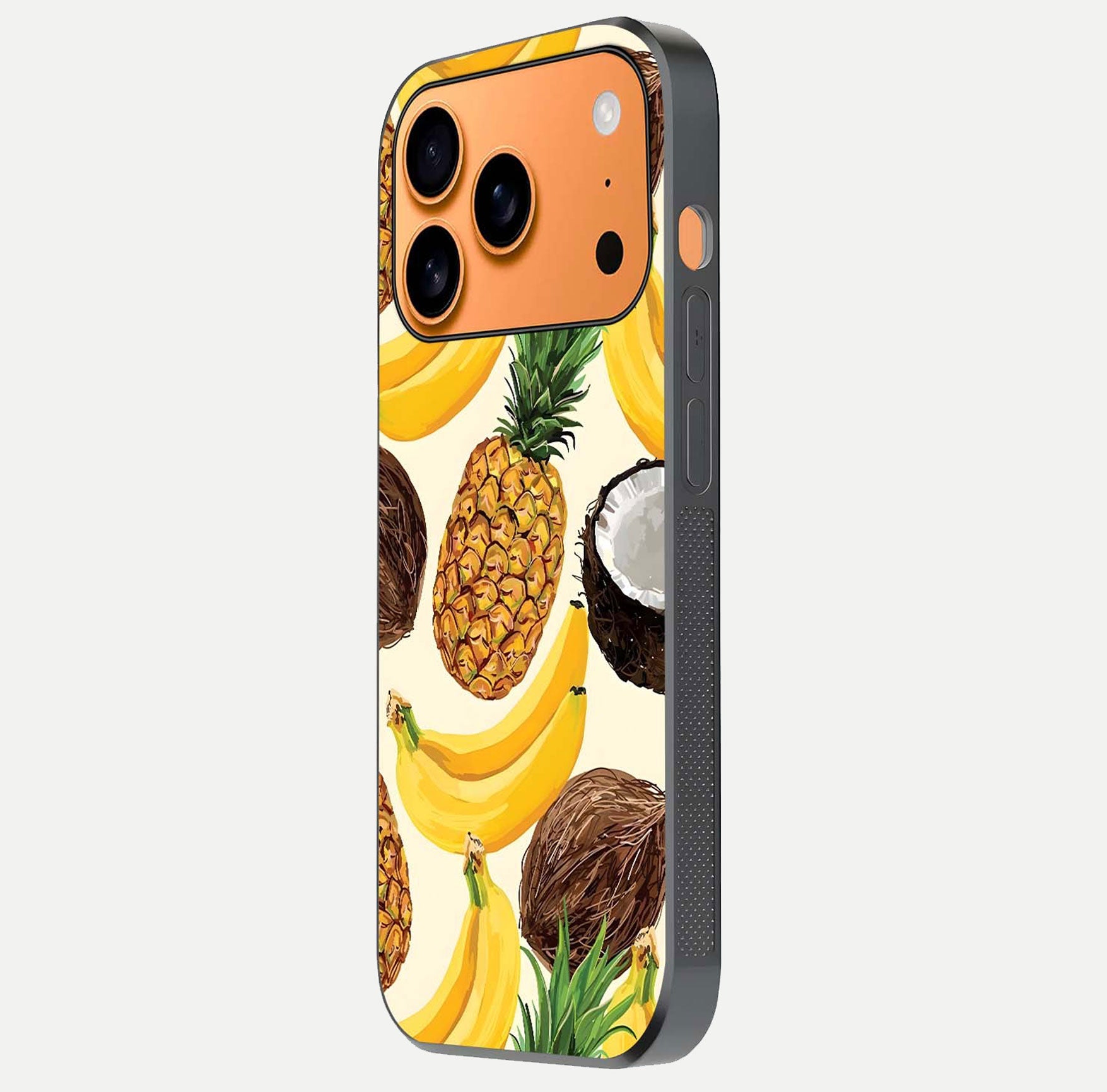 Tropical Fruit Mood Glass Case for iPhone 17 Pro Max side-angle image showing reflection, gloss, and fruit details