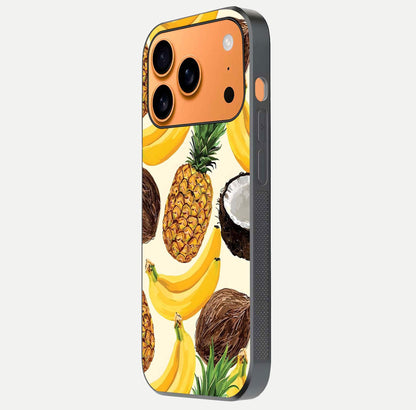 Tropical Fruit Mood Glass Case for iPhone 17 Pro Max side-angle image showing reflection, gloss, and fruit details