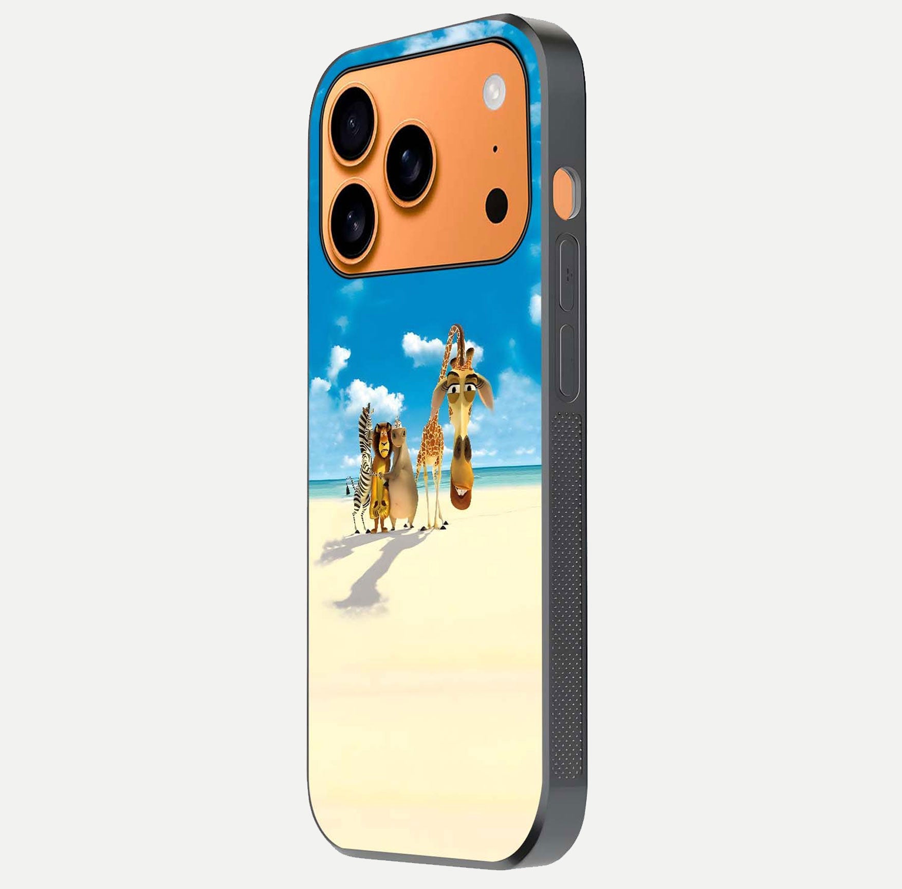 Tropical Fun Squad Glass Case for iPhone 17 Pro Max side-angle image showing shine, color depth, and surface gloss