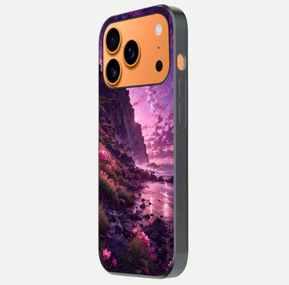 Twilight Blossom Coast Glass Case for iPhone 17 Pro Max side-angle image showing shine, reflection, and petal tone
