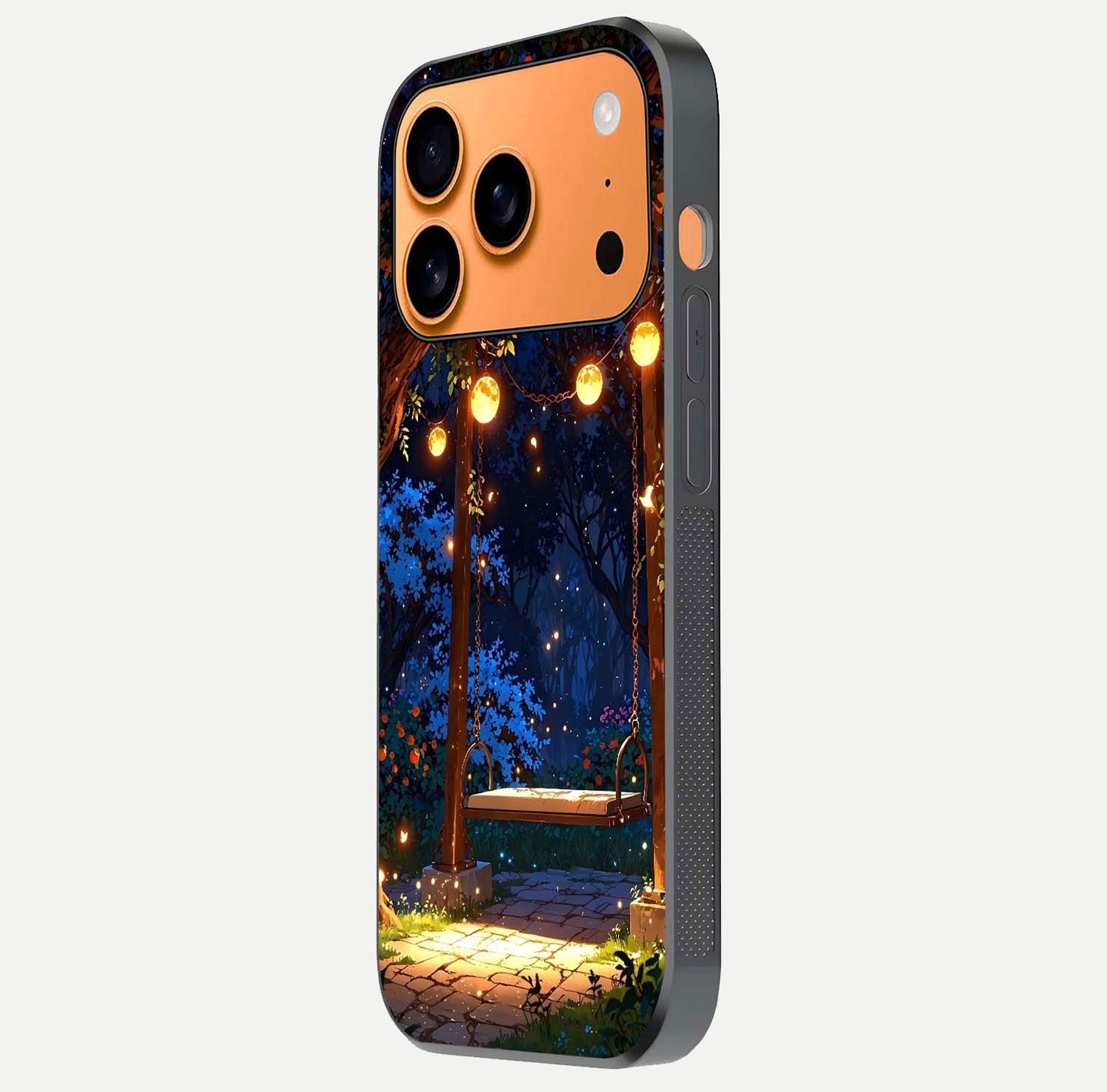 Twilight Garden Swing Glass Case for iPhone 17 Pro Max side-angle image showing reflection, gloss, and scenic depth