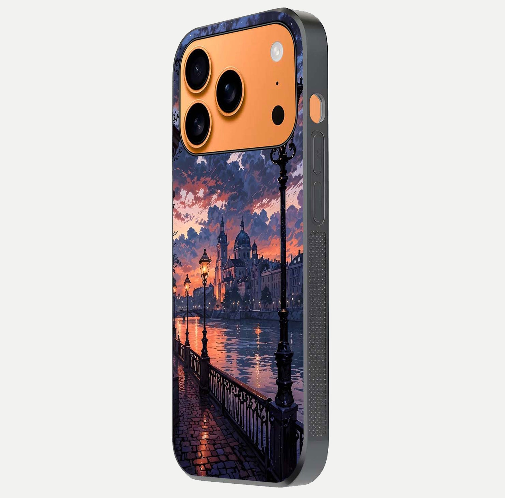 Twilight River Lights Glass Case for iPhone 17 Pro Max side-angle image showing reflections, lighting, and gradient tones