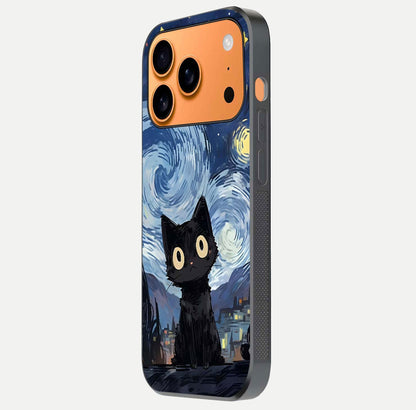 Van Gogh Cat Glass Case for iPhone 17 Pro Max side-angle image showing light reflection and vivid artwork