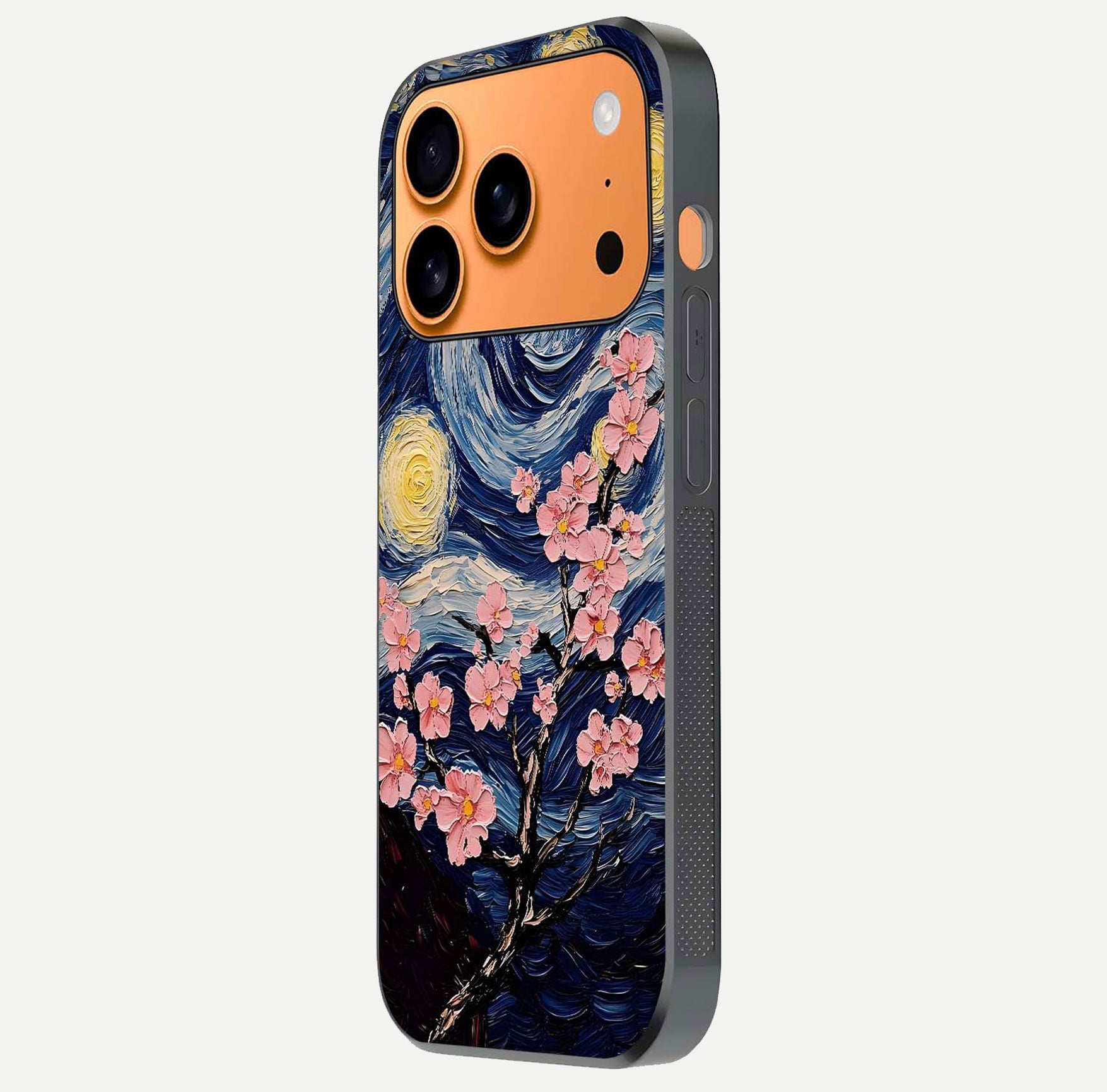 Van Gogh Scenery Glass Case for iPhone 17 Pro Max side-angle image showing shine, gloss, and scenic color palette