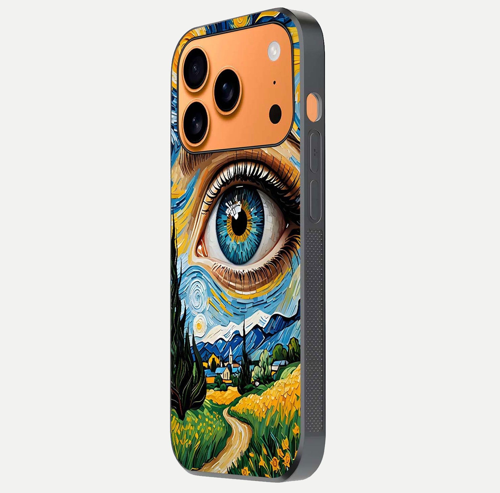 Van Gogh Eye Glass Case for iPhone 17 Pro Max side-angle image showing reflection, gloss, and artistic contrast