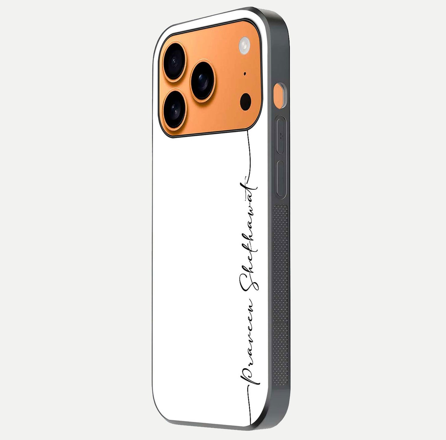 White Tune Custom Name Glass Case for iPhone 17 Pro Max side-angle image showing shine, gloss, and minimal tone