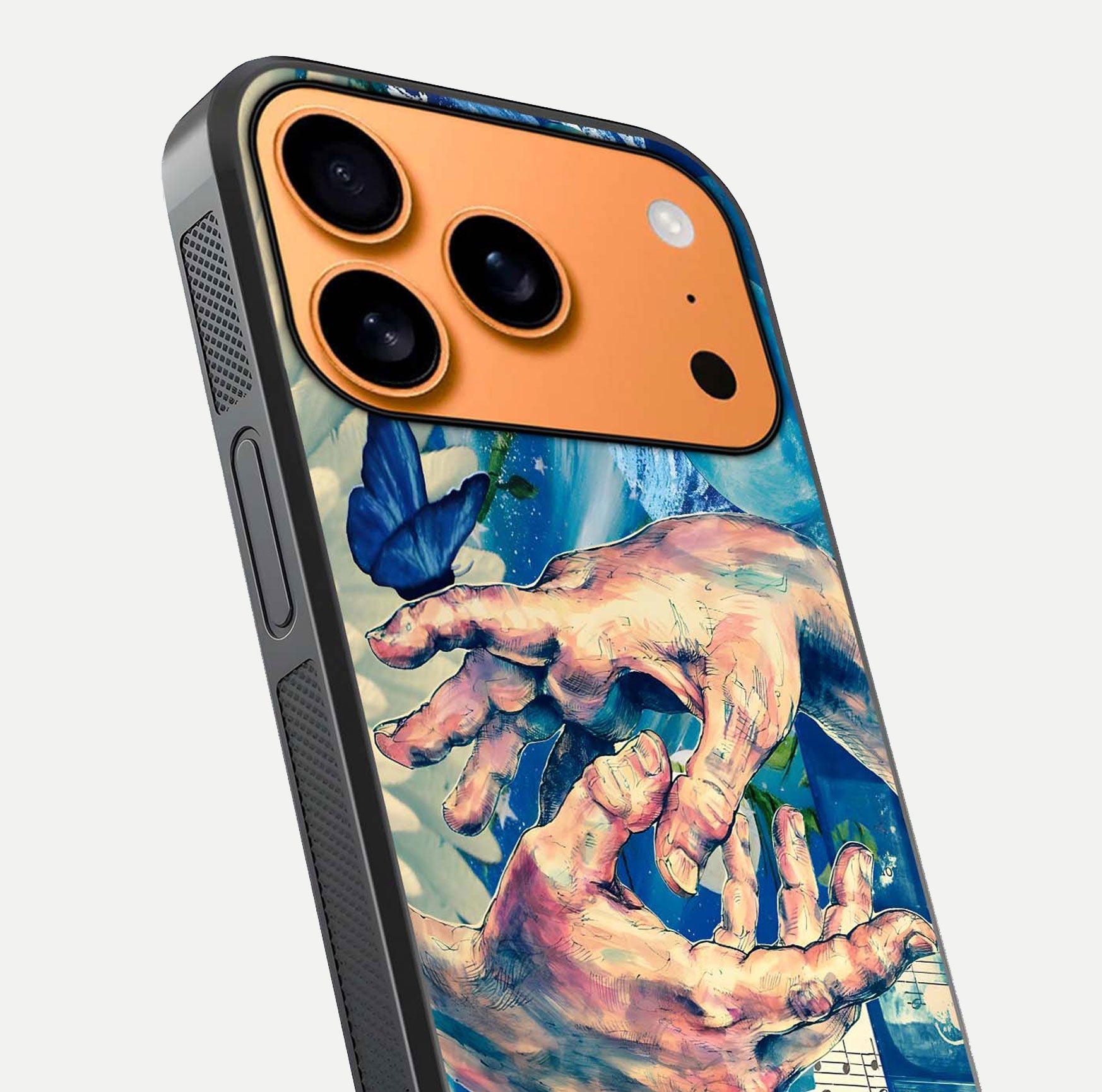 Aesthetic Divider Glass Case for iPhone 17 Pro Max close-up angled shot showing detailed divider artwork and gloss reflection
