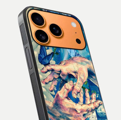 Aesthetic Divider Glass Case for iPhone 17 Pro Max close-up angled shot showing detailed divider artwork and gloss reflection