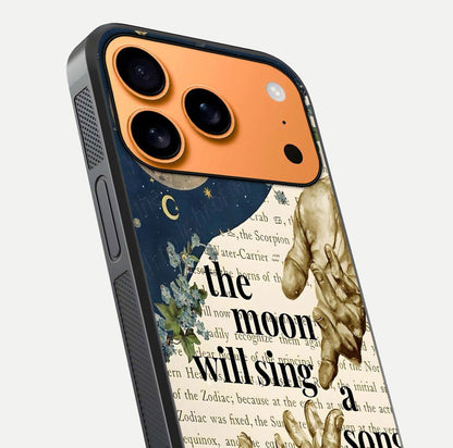 Aesthetic Divine Glass Case for iPhone 17 Pro Max close-up angled shot showing detailed divine artwork and gloss reflection