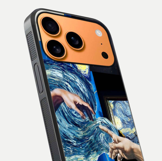 Aesthetic Vando Hands Glass Case for iPhone 17 Pro Max close-up angle showing fine detailing of hand artwork and glass reflection