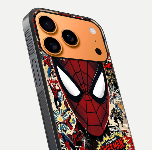 Aesthetic Wonder Spider Glass Case for iPhone 17 Pro Max angled close-up highlighting spider web detail and vibrant color gloss