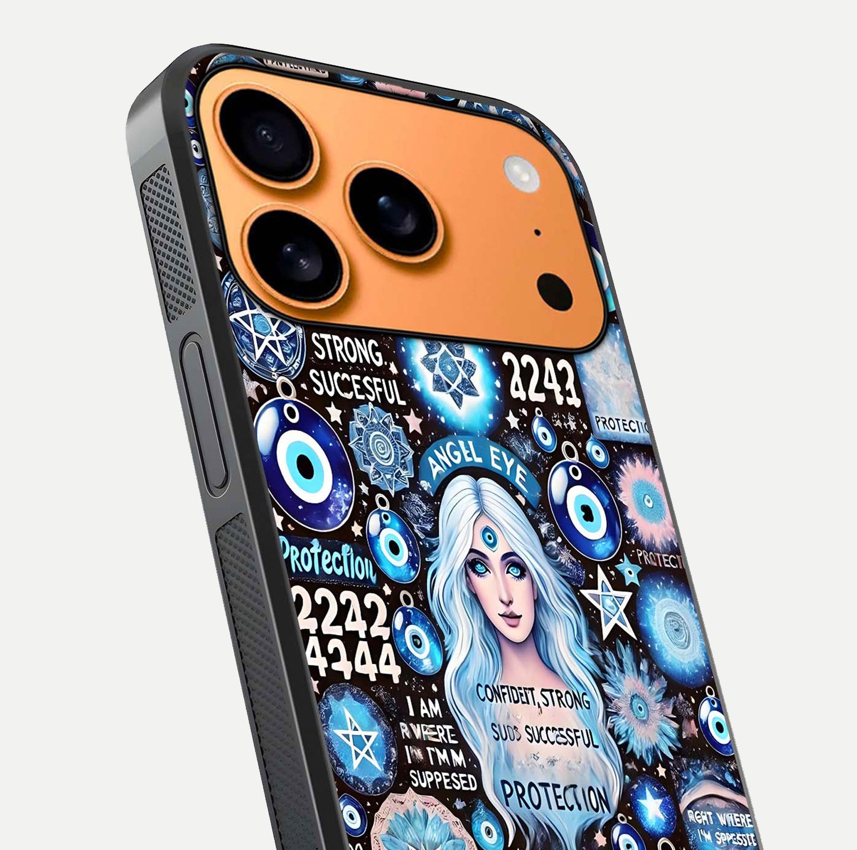 Angel Aura Shield Glass Case for iPhone 17 Pro Max close-up view capturing aura glow, metallic tones, and shine texture