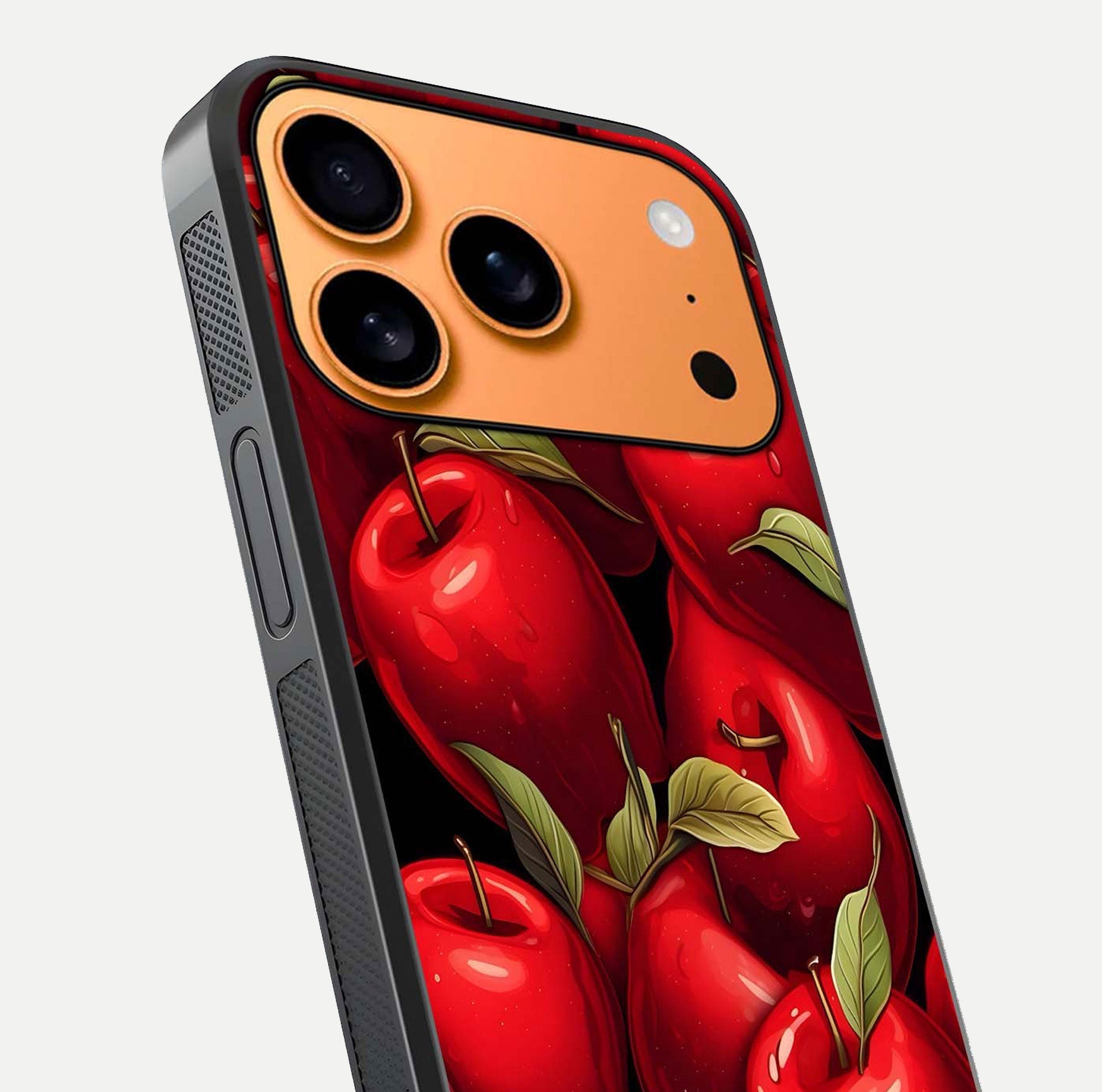 Apple Pattern Glass Case for iPhone 17 Pro Max close-up angle showing pattern texture and shine reflection