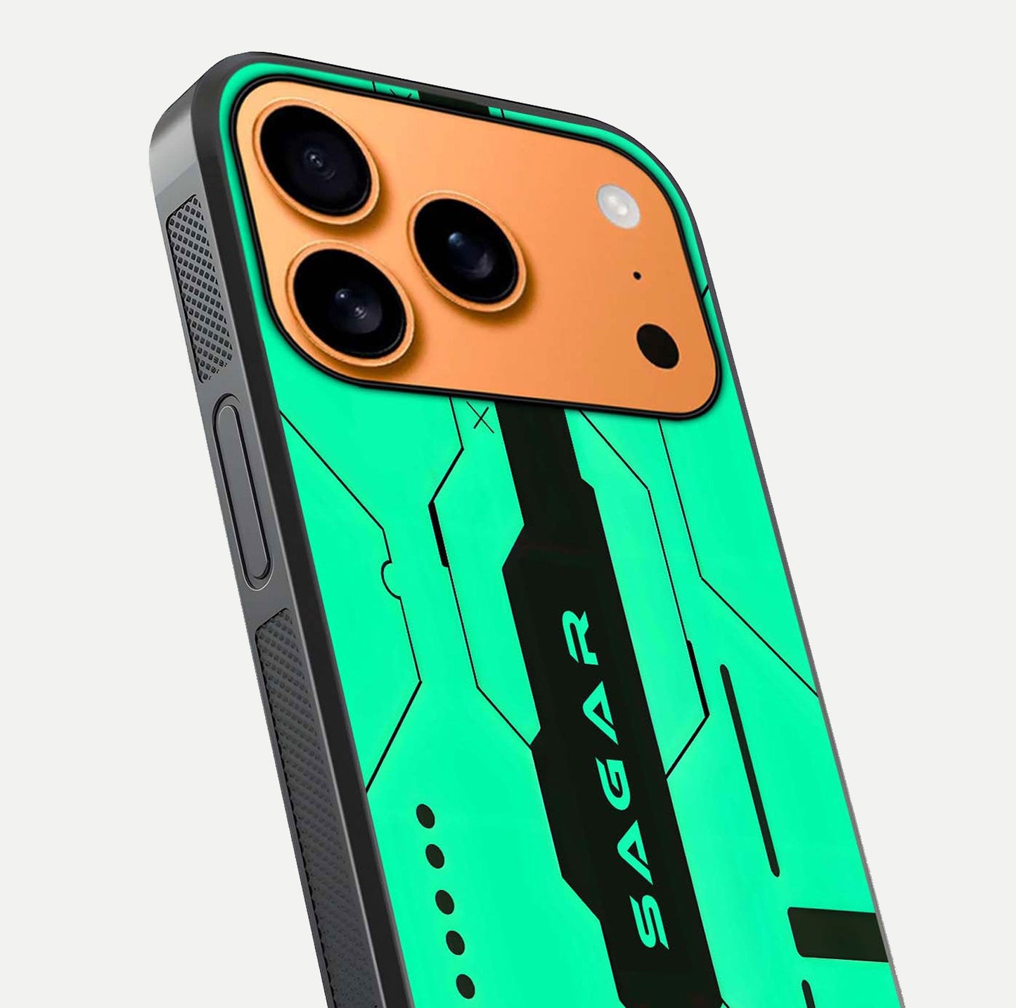 Aqua Tech CYBERPUNK Custom Name Glass Case for iPhone 17 Pro Max close-up angle showing futuristic blue lights and reflections