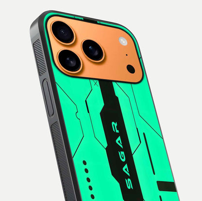 Aqua Tech CYBERPUNK Custom Name Glass Case for iPhone 17 Pro Max close-up angle showing futuristic blue lights and reflections