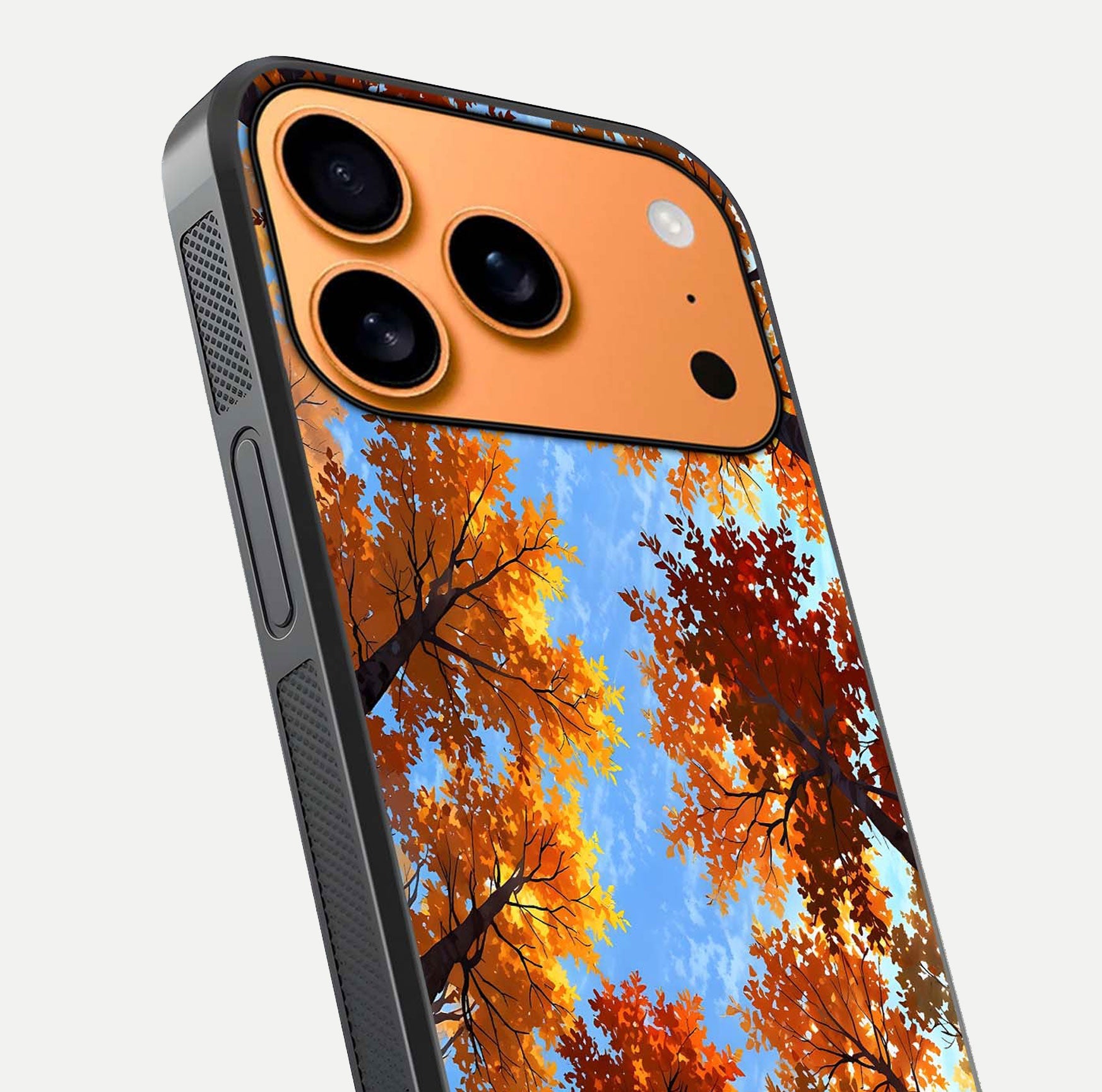 Autumn Sky Rise Glass Case for iPhone 17 Pro Max close-up shot of autumn tone details and HD shine reflection