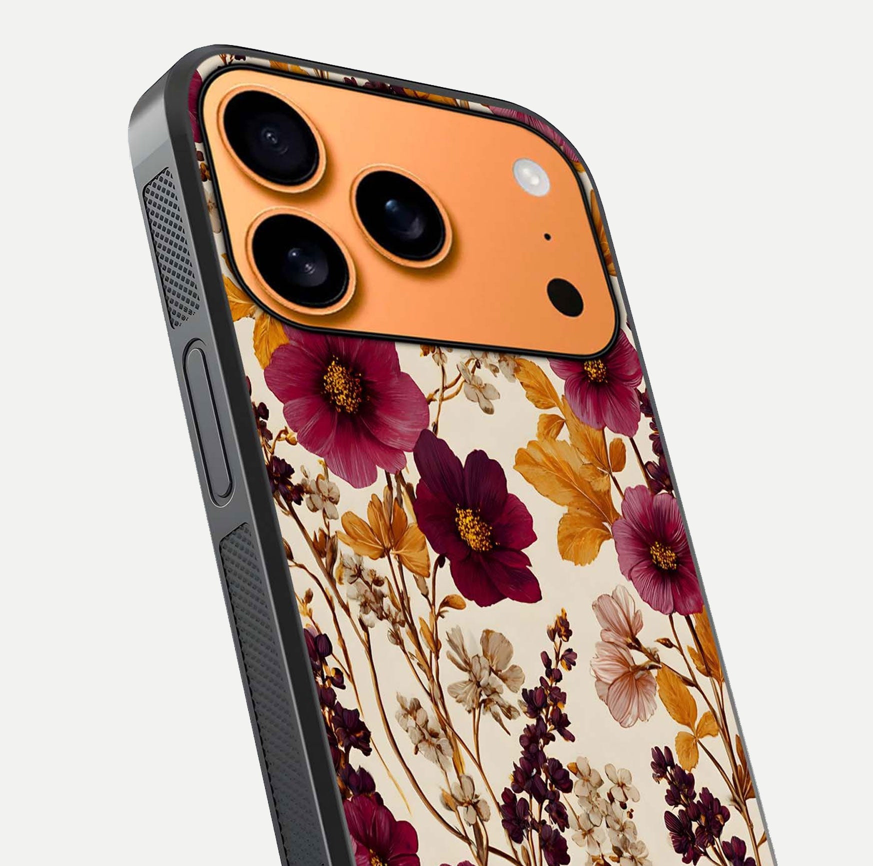 Autumn Wine Bloom Glass Case for iPhone 17 Pro Max close-up highlighting petal detail and gloss reflection