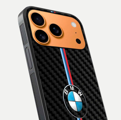 BMW Pattern Glass Case for iPhone 17 Pro Max close-up angle showing BMW logo detailing and high-reflect gloss texture