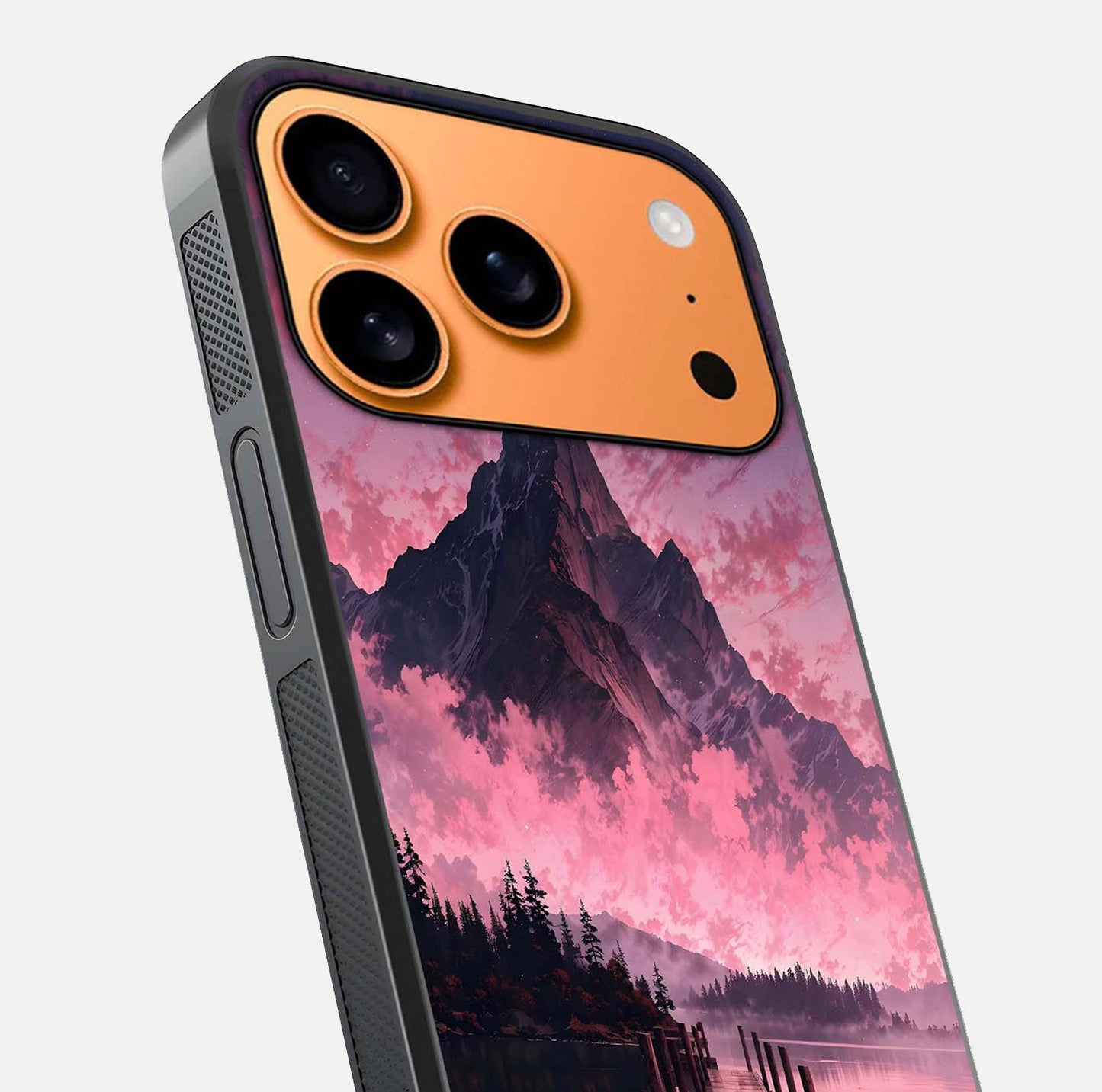 Beautyful Mountain View Glass Case for iPhone 17 Pro Max close-up angle highlighting landscape details and shine