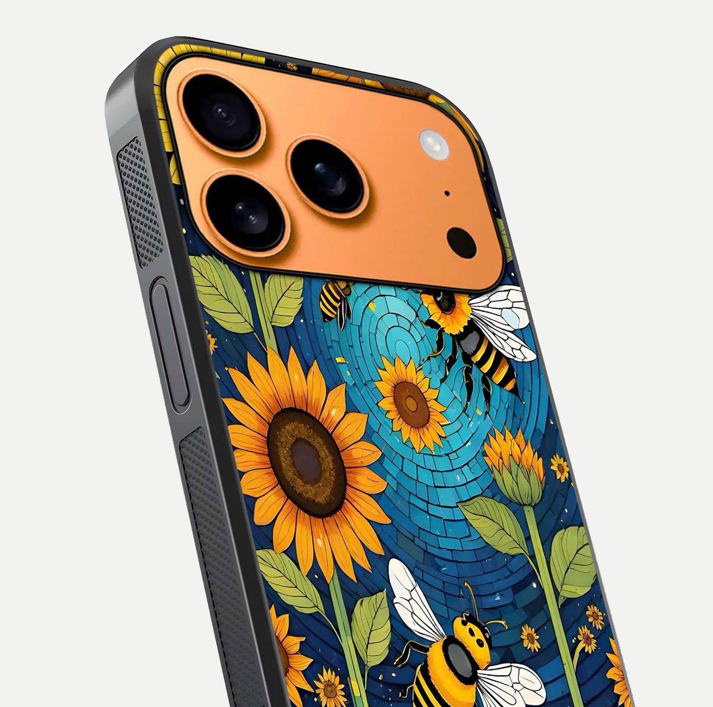 Bees & Sunflowers Glass Case for iPhone 17 Pro Max close-up angled shot showing detailed petals, bee prints, and glass reflection