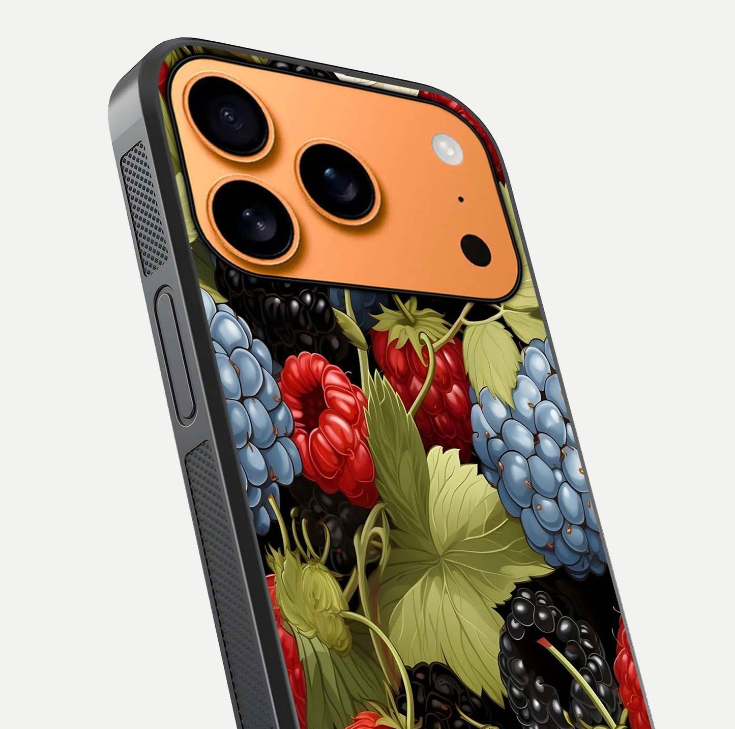 Berry Bloom Charm Glass Case for iPhone 17 Pro Max close-up view highlighting berry color tones and fine petal detailing