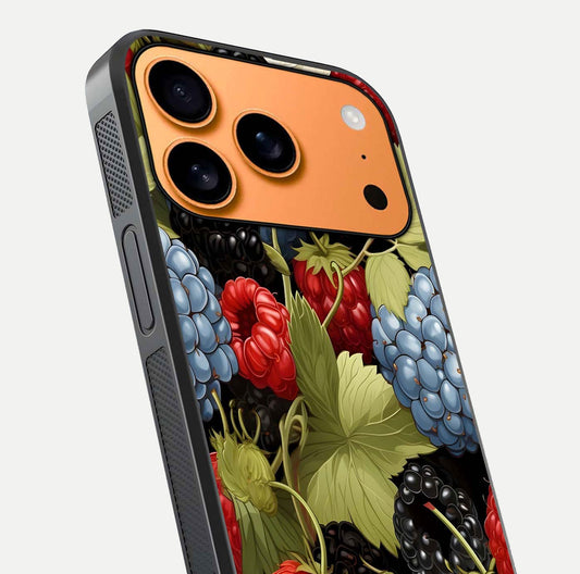 Berry Bloom Charm Glass Case for iPhone 17 Pro Max close-up view highlighting berry color tones and fine petal detailing