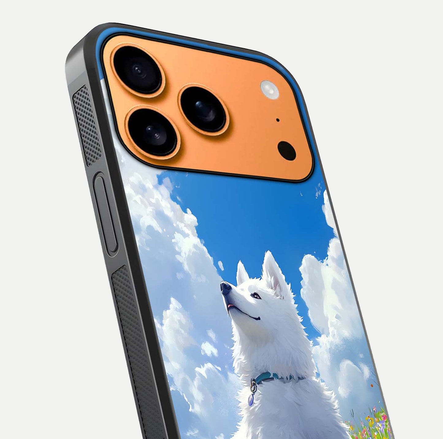 Blissful Cloud Pup Glass Case for iPhone 17 Pro Max close-up image highlighting puppy details and glossy reflection