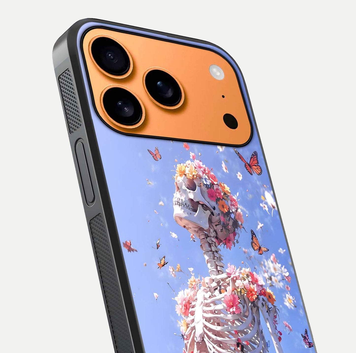 Bloom Beyond Bones Glass Case for iPhone 17 Pro Max close-up highlighting unique bone-floral fusion art and reflection