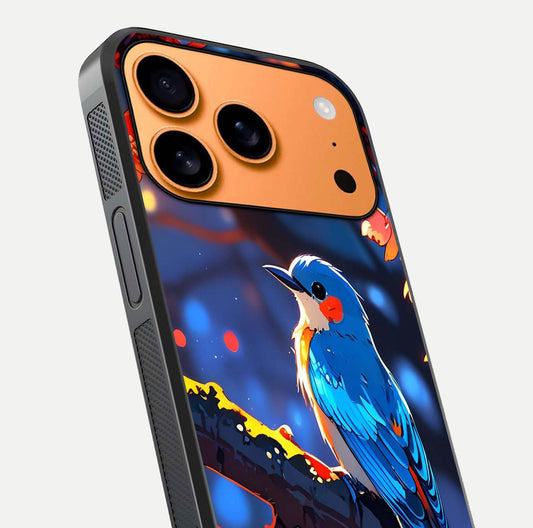 Blooming Spendor Bird Glass Case for iPhone 17 Pro Max close-up shot highlighting bird design details and glossy shine