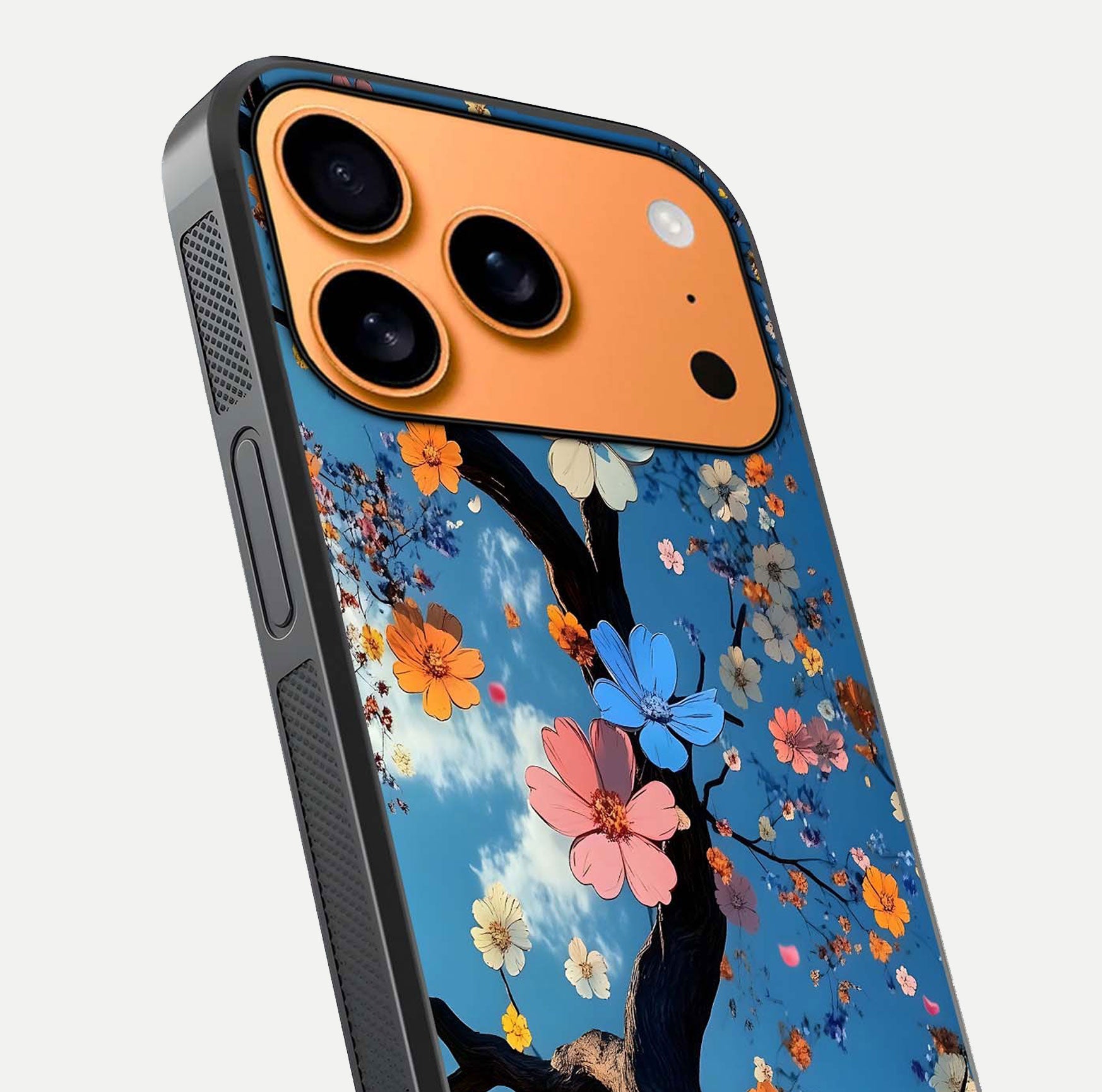 Blossom Dream Sky Glass Case for iPhone 17 Pro Max close-up shot highlighting dreamlike clouds and pink blossoms