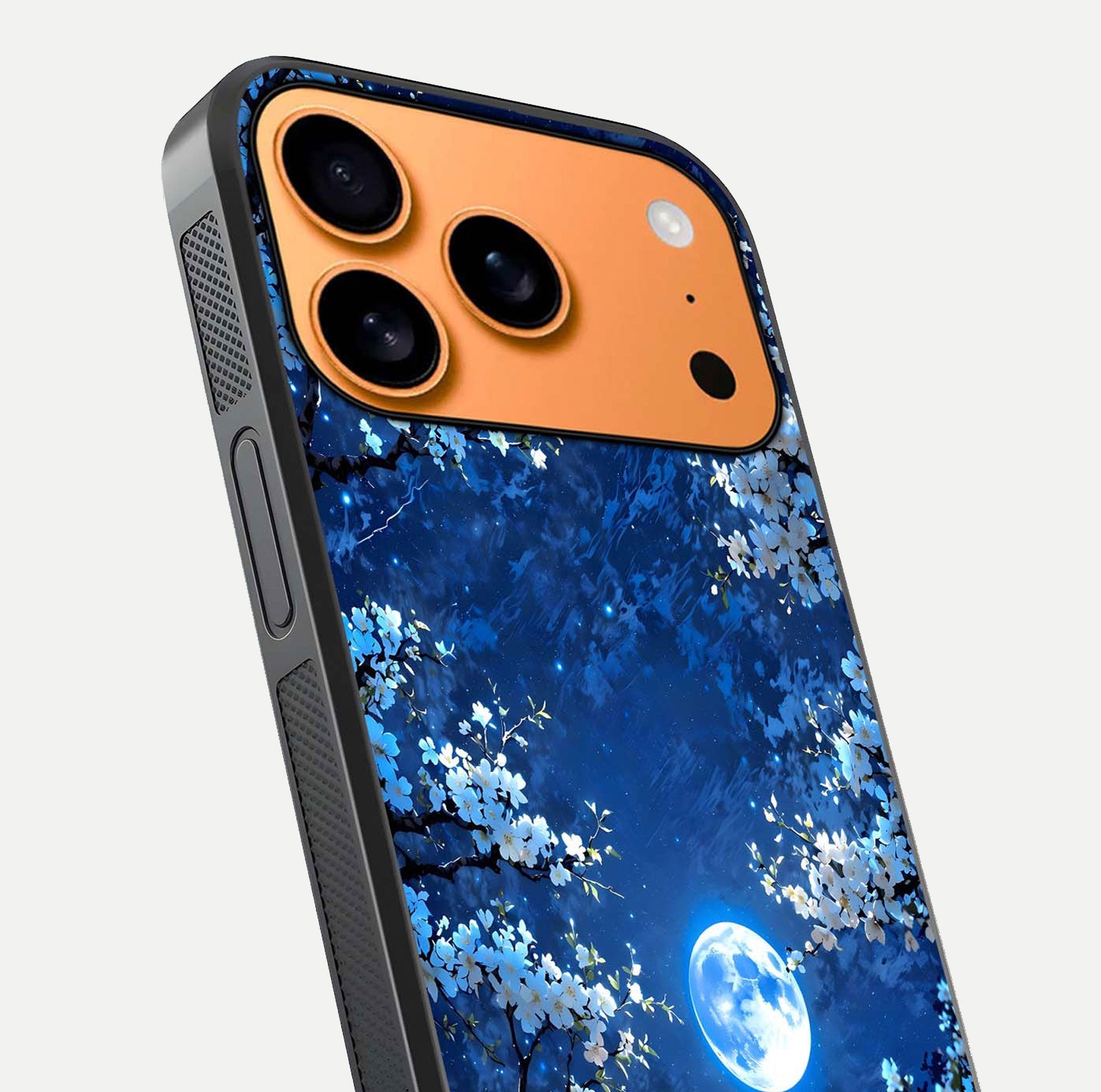 Blossom Moonlight Sky Glass Case for iPhone 17 Pro Max close-up angle capturing moon glow and flower detail reflections