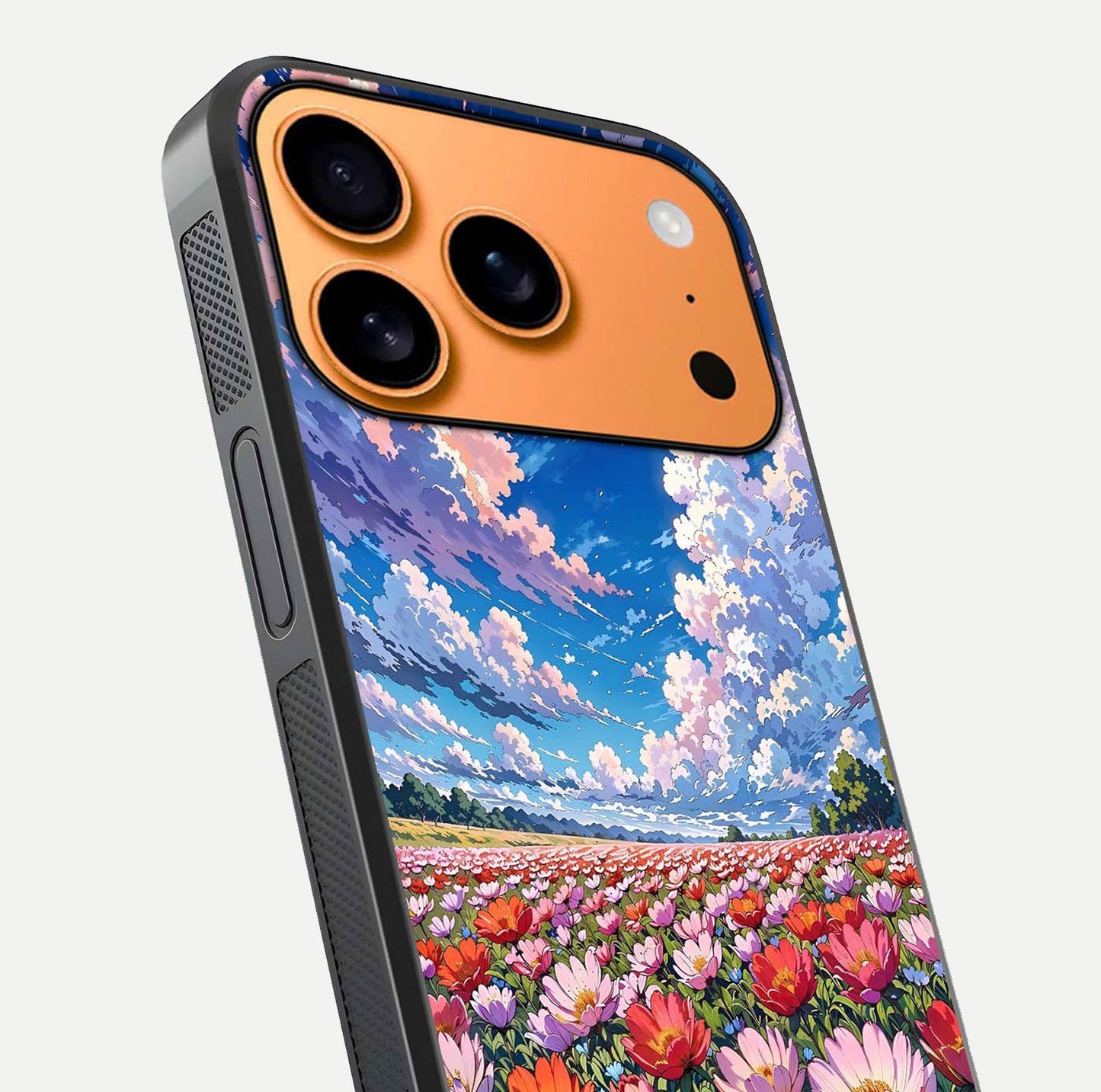 Blossom Sky Field Glass Case for iPhone 17 Pro Max close-up image showing petal patterns and subtle sky gradient