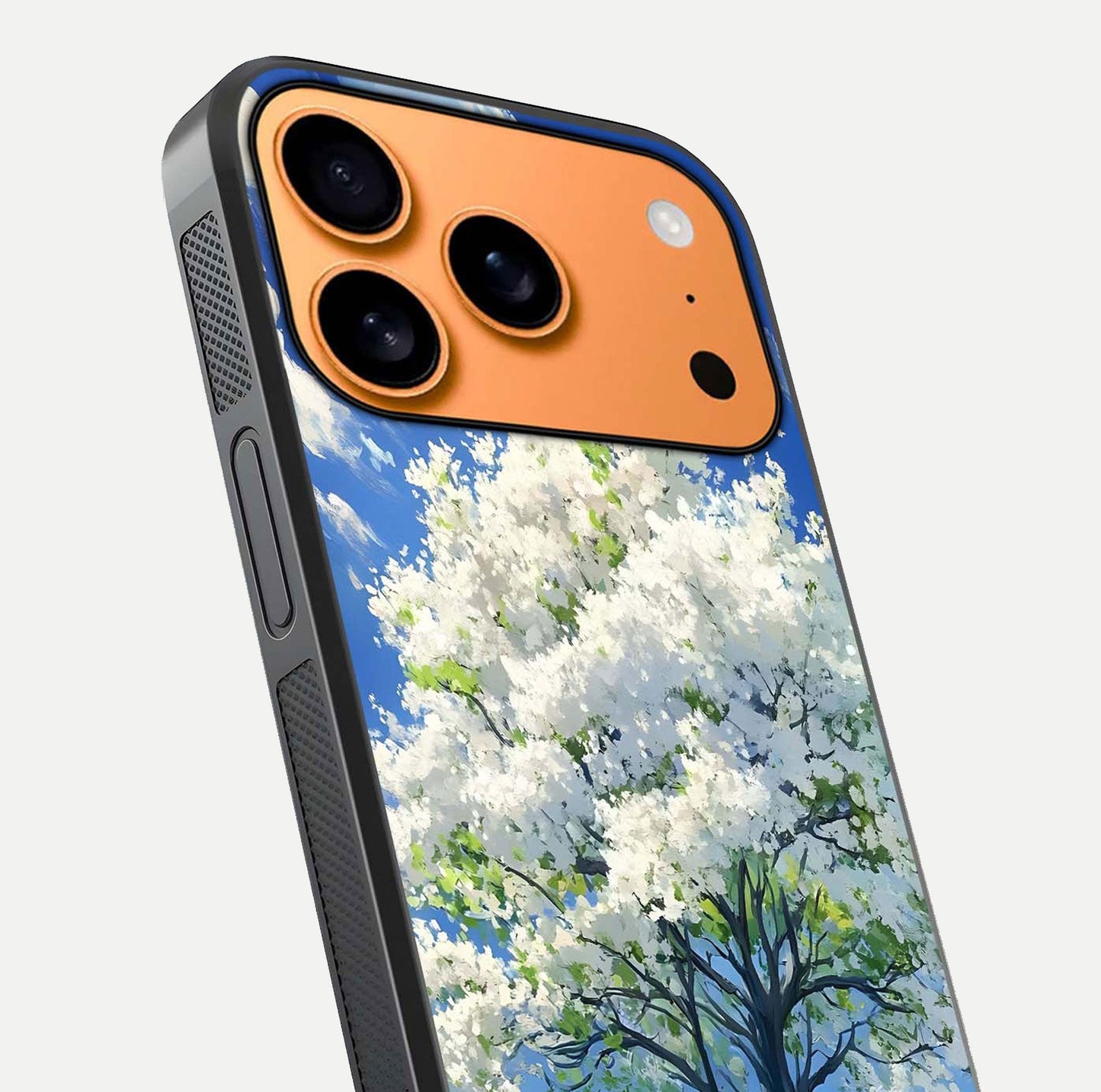 Blossom Sky Serenity Glass Case for iPhone 17 Pro Max close-up highlighting calming flower details and reflection gloss