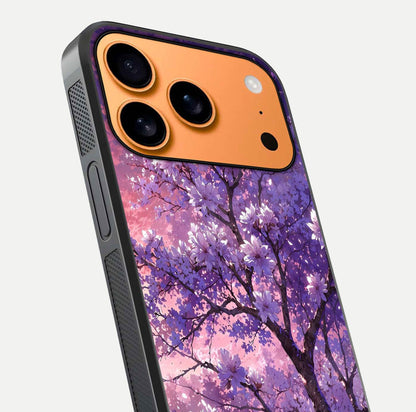 Blossom Tree Glass Case for iPhone 17 Pro Max close-up image highlighting tree branches, blossoms, and shine