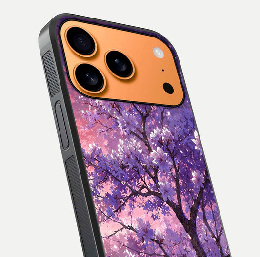 Blossom Tree Glass Case for iPhone 17 Pro Max close-up image highlighting tree branches, blossoms, and shine